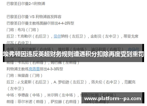 埃弗顿因违反英超财务规则遭遇积分扣除再度受到重罚 埃弗顿因违反英超财务规则遭遇积分扣除再度受到重罚
